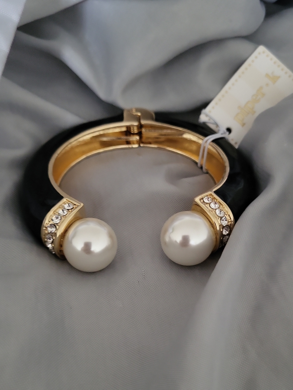 Piper K Ebony and Gold Pearl Gem Accented Hinged Bangle Ti
